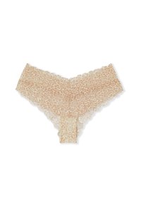 Intimo in pizzo beige con motivo leopardato, bordi scallop e una parte anteriore a forma di V su uno sfondo bianco.