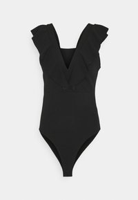 Svart baddräkt i ett stycke med v-ringning och axelrufsar, med en figurnära design och högskurna benöppningar. Slät tygtextur.