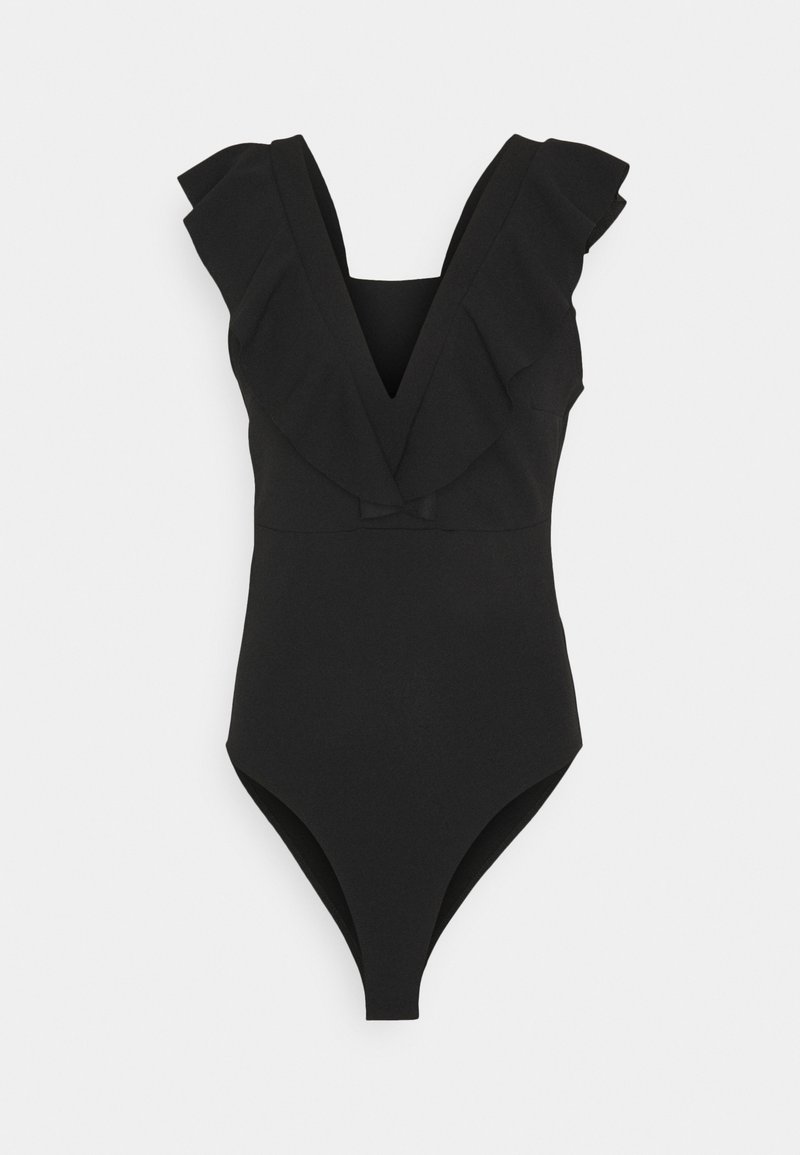 Musta yksiosainen uimapuku, jossa on V-pääntie ja olkaimet, sekä muotoiltu malli ja korkeat lahkeensuukkeet. Sileä kankaan rakenne.
