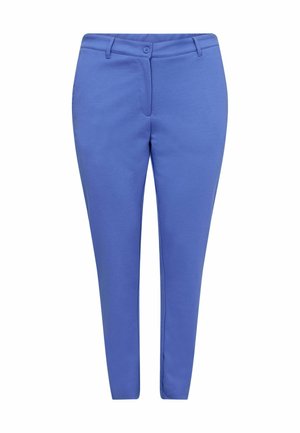 Modré kalhoty na míru s hladkým povrchem, předními kapsami, zapínáním na knoflík a zúženými nohavicemi. Vyrobené z elastického materiálu pro pohodlí.