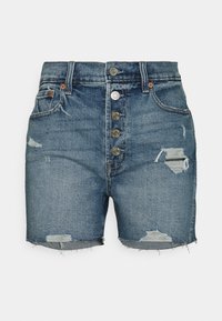 Shorts de mezclilla de tiro alto en azul medio con detalles desgastados, cierre frontal de cinco botones y dobladillo deshilachado. Incluye dos bolsillos laterales.