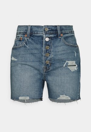 Korkeavyöhykkeiset farkkushortsit kesk Blue-värissä, joissa on kuluneita yksityiskohtia, viiden napin etulukitus ja revitty helma. Mukana on kaksi sivutaskua.