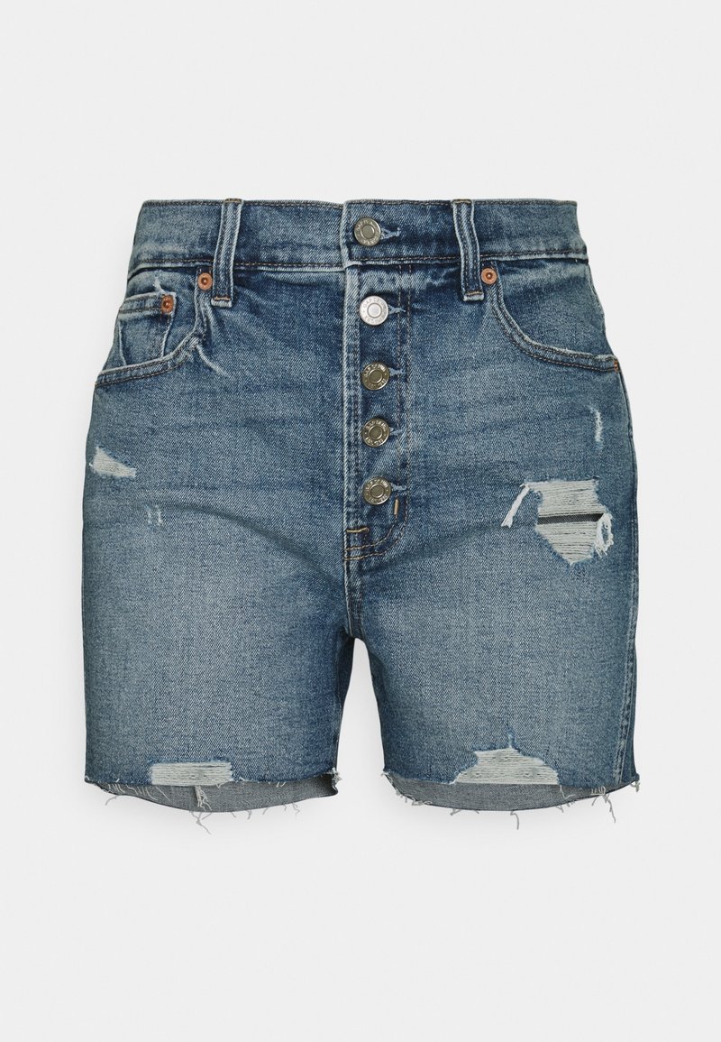 Shorts de mezclilla de tiro alto en azul medio con detalles desgastados, cierre frontal de cinco botones y dobladillo deshilachado. Incluye dos bolsillos laterales.