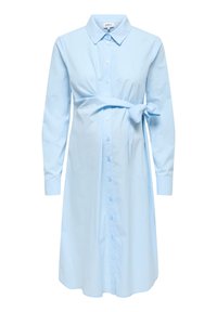 Ανοιχτό γαλάζιο μακρυμάνικο φόρεμα εγκυμοσύνης με γιακά, κουμπιά στην πρόσοψη και ζώνη δεμένη στη μέση στη δεξιά πλευρά.