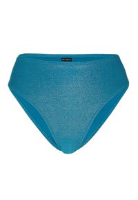Costume da bagno a vita alta in tessuto teal luccicante con una texture liscia e un design semplice. Presenta un'etichetta con il marchio sulla cintura.