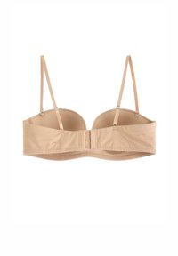 Reggiseno senza cuciture nudo con spalline regolabili, supporto con ferretto e chiusura posteriore. Tessuto liscio, senza decorazioni, design semplice.