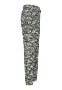 Pantalons à imprimé floral avec une taille élastique à cordon, fabriqués en tissu doux, dans des nuances de vert, rose et marron, avec une coupe décontractée.