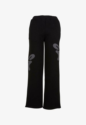 Black sweatpants with a wide leg design, featuring a soft texture and matching black elastic waistband. Gray abstract graphic detail on sides.