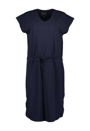 Abito in cotone blu navy con scollatura a V, maniche a cappuccio e un fiocco in vita. Presenta spacco laterale e una vestibilità morbida. Tessuto liscio.