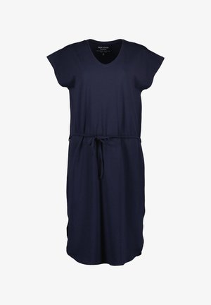 Abito in cotone blu navy con scollatura a V, maniche a cappuccio e un fiocco in vita. Presenta spacco laterale e una vestibilità morbida. Tessuto liscio.