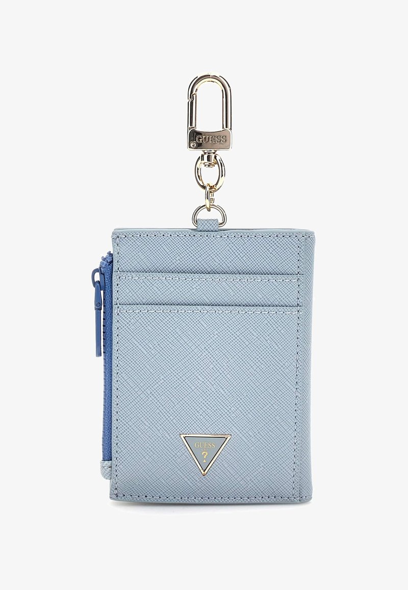 Light blue synthetic cardholder featuring multiple card slots, a zippered compartment, and a gold-tone clip attachment. Accented with a logo emblem.