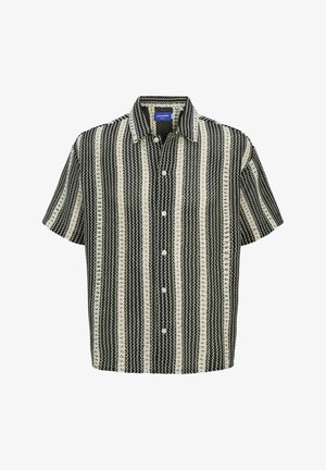 Short-sleeve shirt featuring a black and white striped pattern, collared design, front buttons, and a textured fabric.