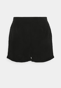 Czarne szorty o prostym wzornictwie, z gładką fakturą, podwiniętymi brzegami i bocznymi kieszeniami. Wykonane z lekkiego materiału.