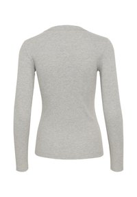 Grå långärmad åtsittande topp med ribbat mönster och en lätt rundad halsringning. Baksidan har inga mönster eller detaljer.