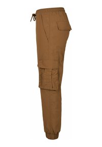 Bruine, lichtgewicht cargobroek met een elastische tailleband, verstelbare trekkoord en meerdere zijzakken. Glad textuur en taps toelopende benen.