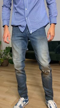 Mann trägt ein blau kariertes Hemd, ausgewaschene zerrissene Jeans und blau-weiße Sneakers, steht auf einem Holzboden in der Nähe eines grünen Sofas und einer Pflanze.