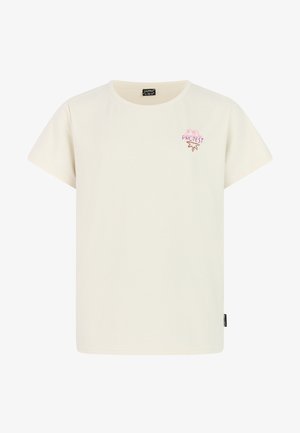 Krémovo-biele tričko s krátkym rukávom, okrúhlym výstrihom a malým ružovým a hnedým výšivkovým logom "PROTEST" na ľavej strane hrudníka.