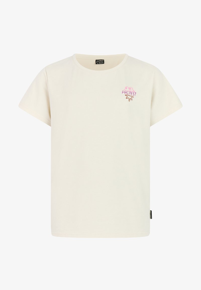 T-shirt à manches courtes de couleur ivoire avec un col rond et un petit logo "PROTEST" rose et marron brodé sur le côté gauche de la poitrine.