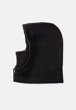Cagoule en polaire noire avec cordon de serrage réglable au niveau du cou, conçue pour couvrir entièrement la tête et le cou.