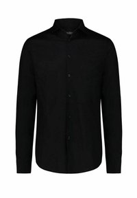 Camicia nera a maniche lunghe con colletto, chiusura a bottoni e una superficie liscia. Nessun motivo visibile; design minimalista.