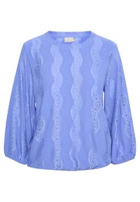 Hemelsblauwe blouse met een golfpatroon en ajourdetails. Ronde halslijn, lange mouwen en een casual pasvorm. Zachte textuur.