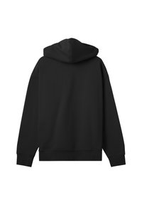 Felpa con cappuccio nera, maniche lunghe, texture liscia, vestibilità rilassata, polsini e orlo a coste, con una cucitura posteriore prominente e senza loghi visibili.