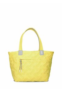 Geel gewatteerde totes bag met lichtgrijze accenten, twee stevige handvaten en een ritsvak aan de voorkant. Kenmerkt zich door een gestructureerd patroon overal.