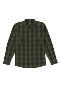 Grønternet flannel skjorte med lange ærmer, to brystlommer, knaplukning og sorte accenter. Blød tekstur med et ternet mønster.