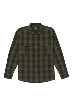 Grønternet flannel skjorte med lange ærmer, to brystlommer, knaplukning og sorte accenter. Blød tekstur med et ternet mønster.