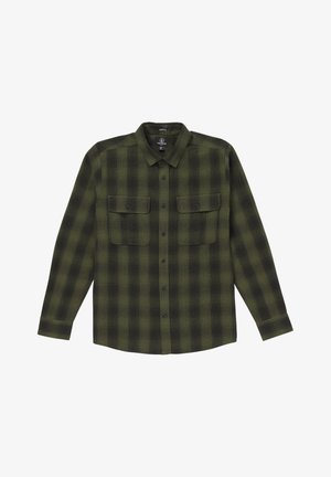 Green plaid flannel shirt with long sleeves, two chest pockets, button closure, and black accents. Soft texture with a checked pattern.