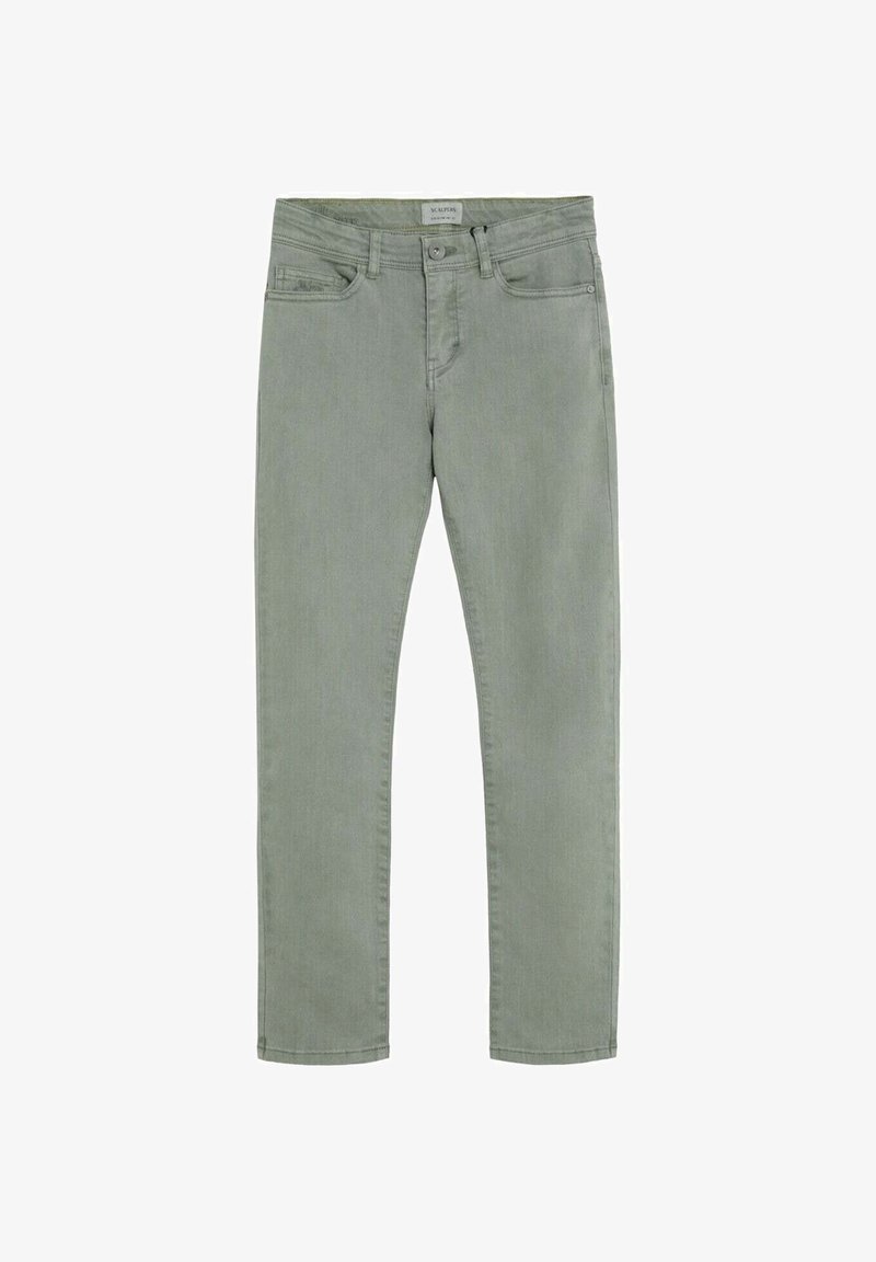 Jean en denim vert clair coupe ajustée avec bouton sur le devant, passants pour ceinture et design à cinq poches, posé à plat sur un fond blanc.