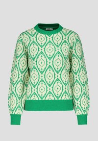Groen en crèmekleurig gebreid trui met een ronde halslijn, ruitvormige patronen en geribbelde manchetten en onderkant, met een zachte gebreide textuur.