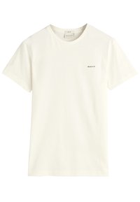 Hvid bomulds T-shirt med rund hals, korte ærmer, og et lille GANT-logo i brun på venstre side af brystet.