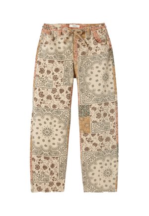 Pantalon ample avec design patchwork en beige, marron, vert et orange avec motifs floraux et cachemire et taille à cordon.