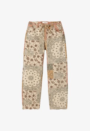 Pantalon ample avec design patchwork en beige, marron, vert et orange avec motifs floraux et cachemire et taille à cordon.