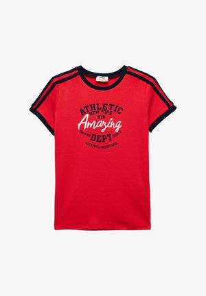 Camiseta de algodón roja con mangas cortas en azul marino y cuello acanalado. Presenta un texto impreso en blanco y negro: "ATHLETIC NEW YORK 1978 Amazing DEPT."