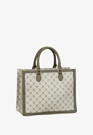 Strukturierte beige Handtasche mit geometrischem Muster, olivgrünen Lederakzenten, zwei Griffen und goldfarbenen Beschlägen.