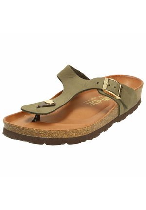 Green leather thong sandal with a gold buckle accent, brown cork sole, and smooth tan footbed, featuring a minimalistic design.