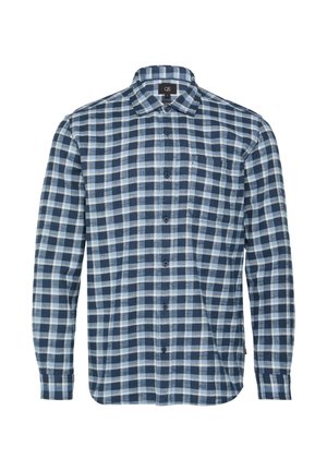 Langarm, geblokt overhemd met een marineblauwe en lichtblauwe ruitpatroon, knoopsluiting aan de voorkant en een enkele borstzak. Zachte stofstructuur.