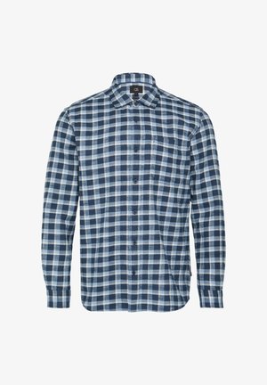 Langarm-Karohemd mit einem navyblauen und hellblauen Karomuster, Knopfleiste und einer einzelnen Brusttasche. Weiche Textur.