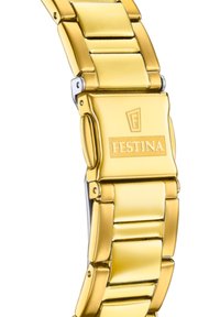 Bracciale di orologio in metallo dorato con maglie lucide, dotato di una chiusura con il logo "Festina". Superfici lisce e design elegante e rettangolare.