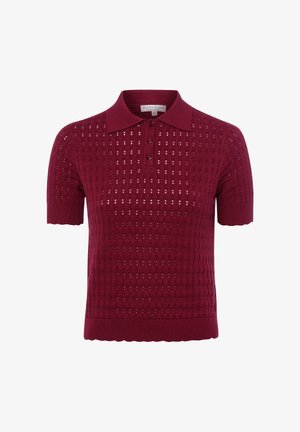 Bordeauxrotes Poloshirt aus Strick mit Kurzarm, drei Knöpfen, kleinem quadratischem Lochmuster, geripptem Saum und geschwungenen Ärmelsäumen.