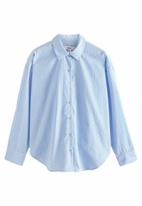 Camicia azzurra chiara con bottoni, realizzata in tessuto a trama con strisce bianche verticali e piccoli punti. Presenta un colletto classico e maniche lunghe.