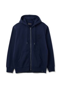 Sudadera con cremallera de color azul marino, hecha de algodón, con un bolsillo tipo canguro, puños acanalados y una letra "P" bordada en el pecho.