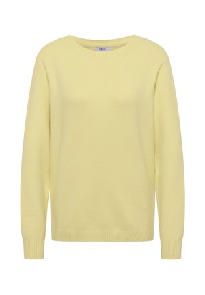 Světlý žlutý svetr z měkkého materiálu. Má kulatý výstřih, dlouhé rukávy a žebrované manžety a lem. Jednoduchý, jednobarevný design.