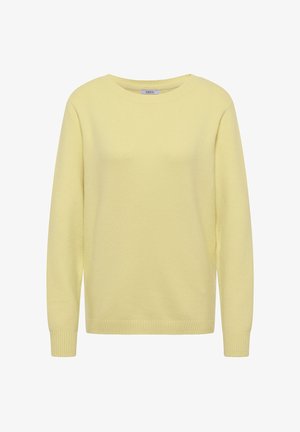 Suéter amarillo claro hecho de material suave. Cuenta con cuello redondo, mangas largas y puños y dobladillo con tejido acanalado. Diseño simple y sólido.