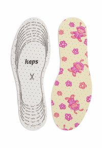 Insuliner med en vit sida som har prägling av storleksmarkeringar och ett prickigt mönster, i kombination med en gul sida prydd med rosa blommor och tecknade figurer.