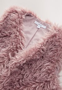 Faux fur vest in soft, light pink color with a shaggy texture. Features a v-neckline and a smooth interior lining. Tag shows "NEXT," size M.