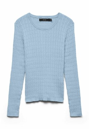 Pull bleu clair en tissu texturé avec un motif côtelé. Il présente des manches longues et un col rond. Aucun élément métallique visible.