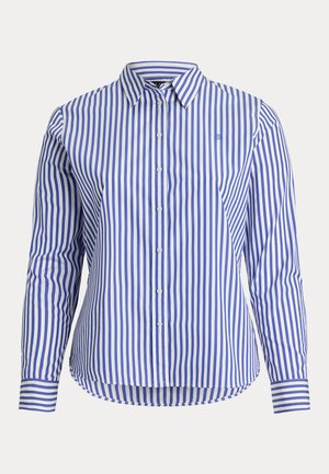 Blå og hvit stripete langermet skjorte med krage som kan kneppes, med avrundet kant, subtil logo på brystet, og kontrasterende stripes på mansjettene.